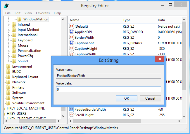 Скриншот: изменение значения BorderWidth на 0 в редакторе реестра