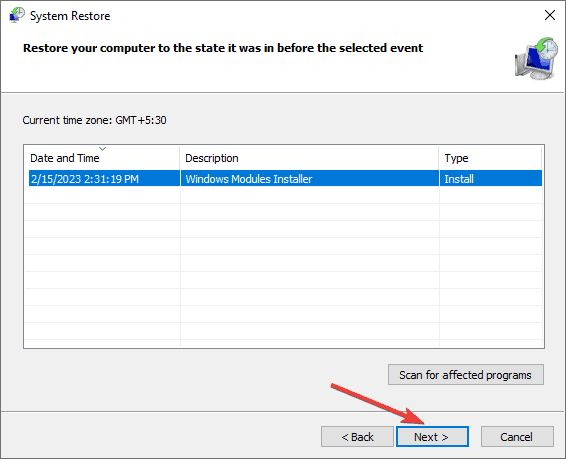 Нажатие Далее после выбора точки восстановления
