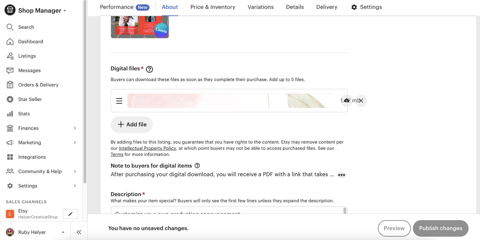 Etsy Digital File upload.