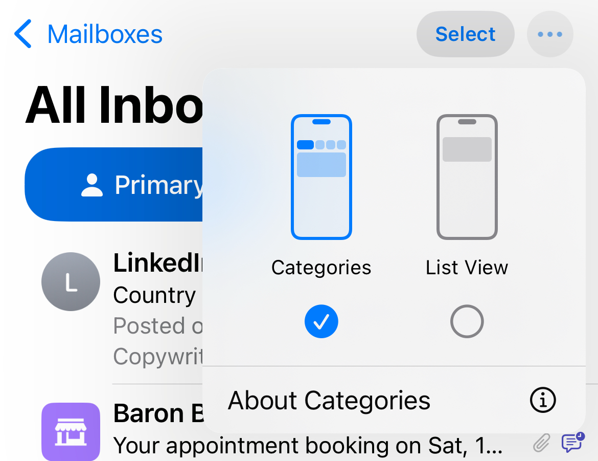 Переключение между категориями и списком в Mail на iPhone.