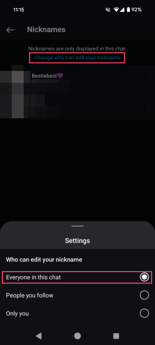 Экран выбора прав на изменение ников в чате Instagram на ПК