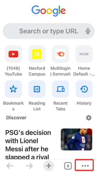 Меню с тремя точками внизу Chrome на iOS