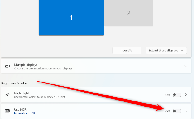 Ползунок «Использовать HDR» в Windows 11.