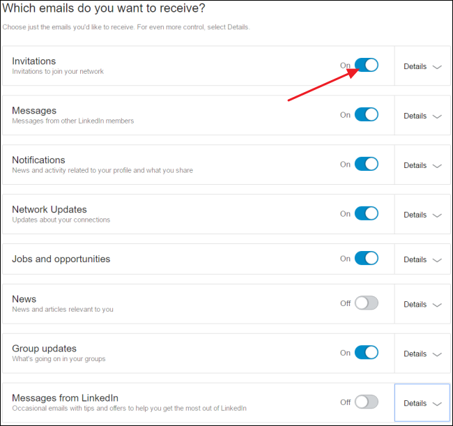Настройка частоты email сообщений LinkedIn