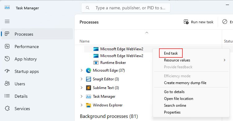 Контекстное меню Microsoft Edge WebView2 с опциями управления процессом