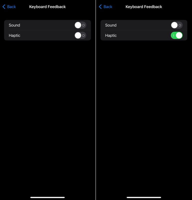 Переключатель тактильной отдачи клавиатуры в iPhone, экран с опцией включён