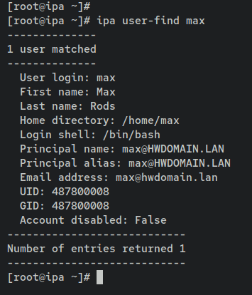 Поиск и подтверждение пользователя max в FreeIPA