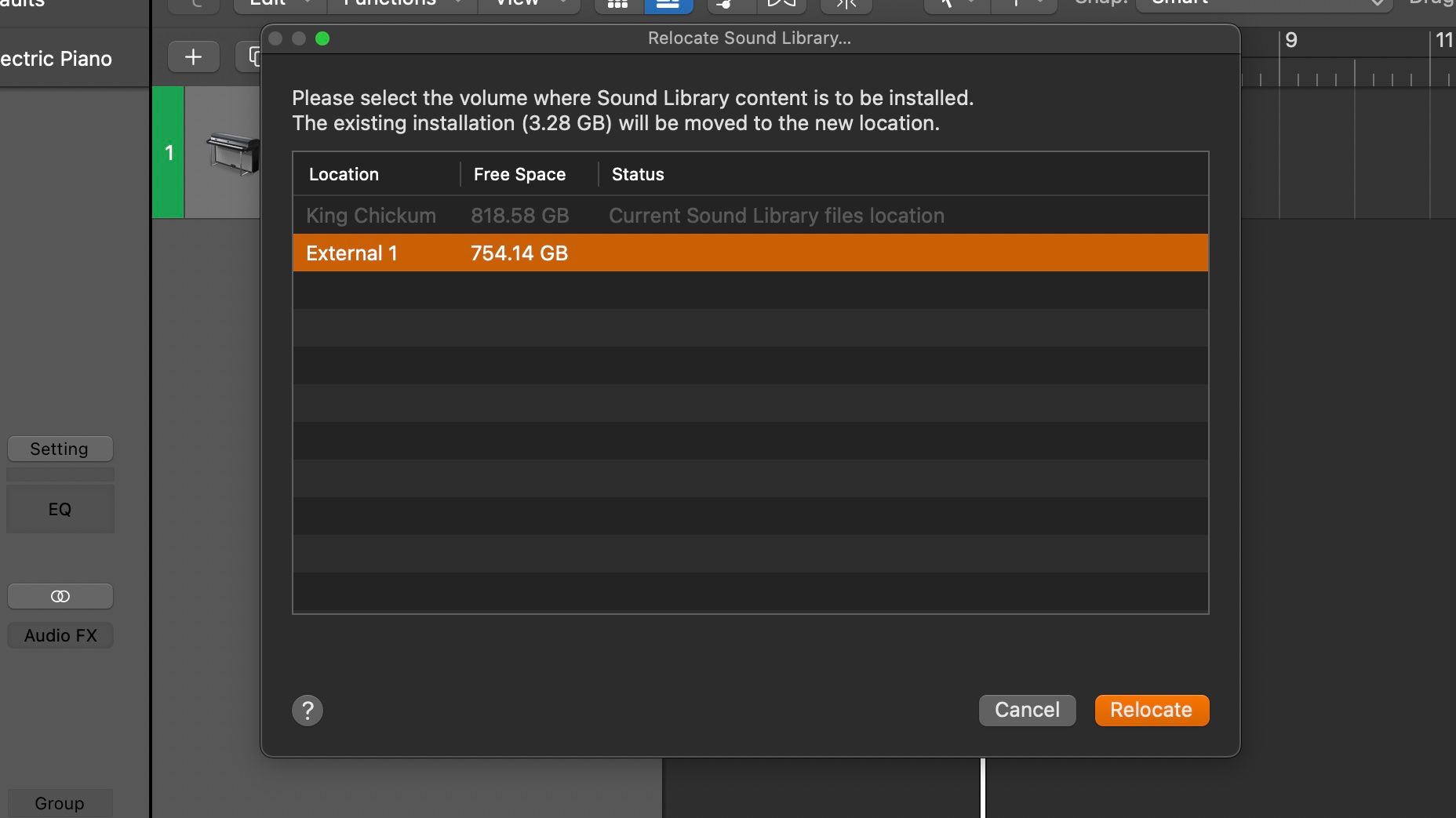 Подсказка в Logic Pro для перемещения библиотеки звуков