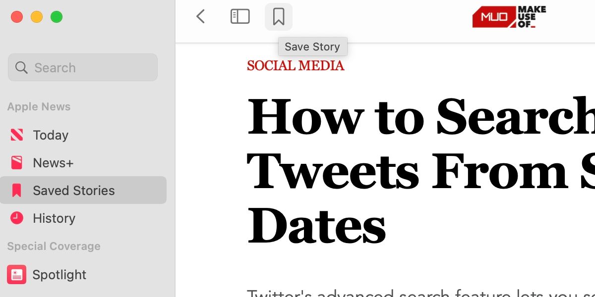 Приложение News в macOS: иконка закладки для сохранения статьи отображается в верхней части окна.