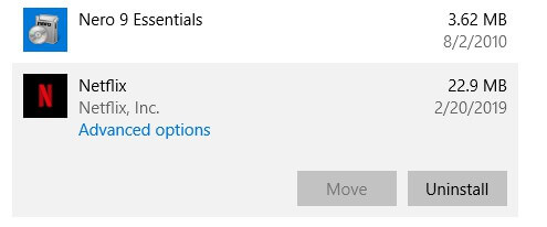 Кнопка удаления приложения Netflix
