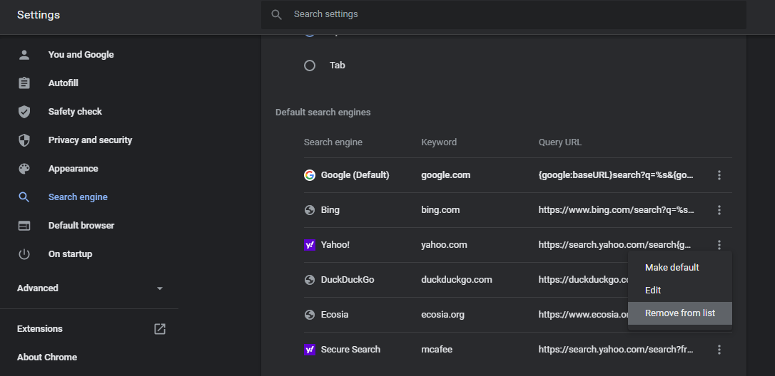 Удаление Yahoo из списка поисковых систем в Chrome.