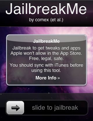 Скриншот процесса джейлбрейка в Safari, показывающий опцию «slide to jailbreak»