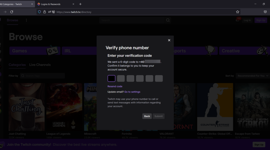 Ввод кода подтверждения Twitch