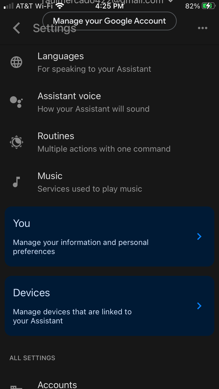 Экран настроек приложения Google Assistant