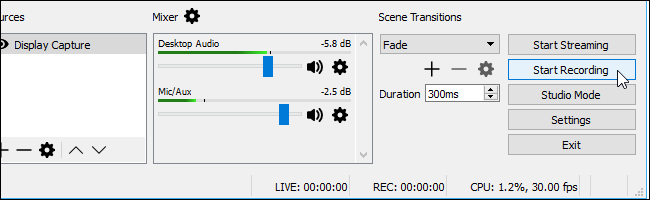 Кнопка «Start Recording» в интерфейсе OBS