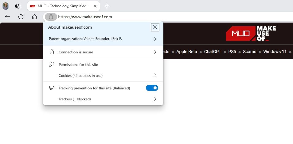 Пункт разрешений для сайта в Edge