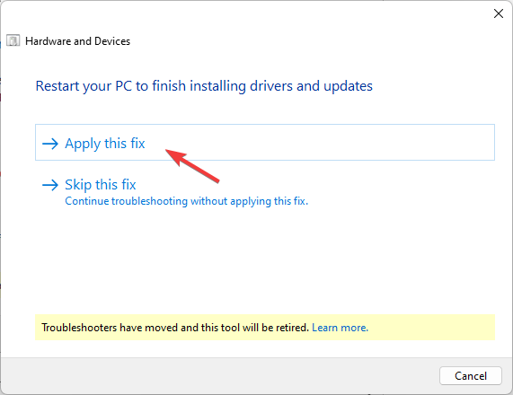Кнопка «Применить это исправление» в средстве устранения неполадок