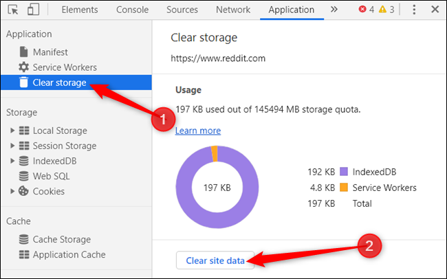 Выберите Clear Storage и затем Clear Site Data