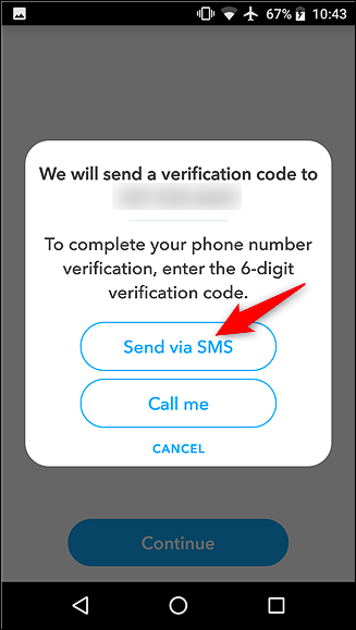 Выбор получения кода по SMS или автозвонку для восстановления Snapchat