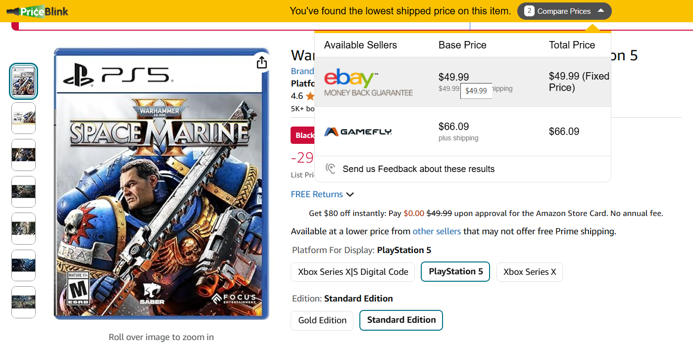 Использование расширения PriceBlink для сравнения цен на Amazon.