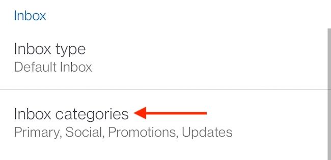 Раздел «Inbox» в настройках аккаунта Gmail на мобильном устройстве: опция 'Inbox Categories'