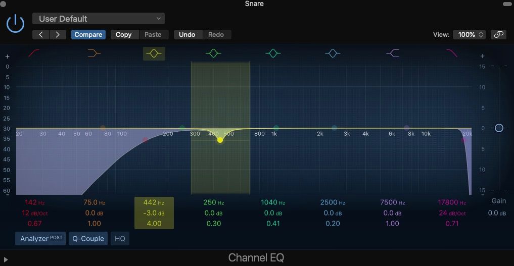 Вырез грязи у снэра выделен в Logic Pro Channel EQ