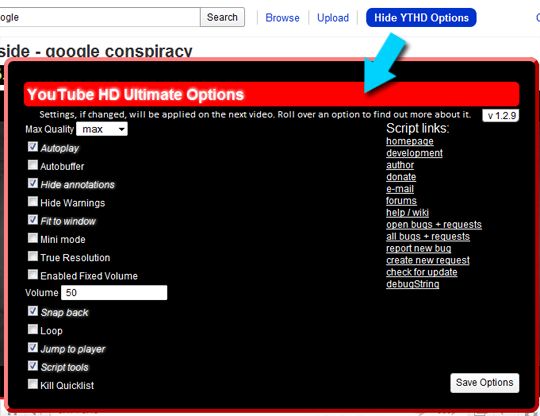 Меню настроек YouTube HD Ultimate — выбор качества и автозапуск