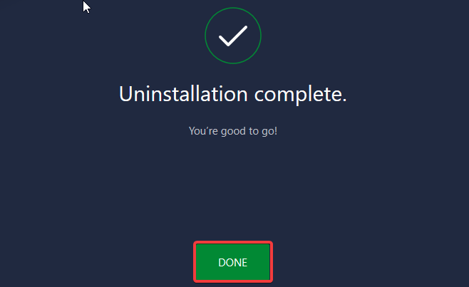 Сообщение об успешном удалении приложения