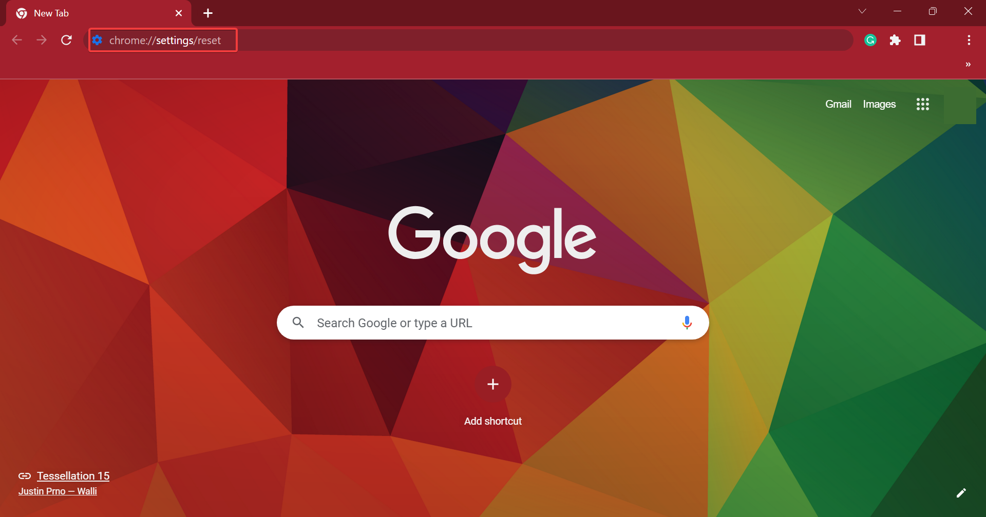 Адресная строка Chrome с chrome://settings/reset