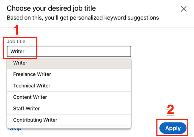 Введите должность в окне выбора желаемой должности LinkedIn