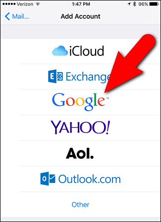Выбор Google для добавления аккаунта