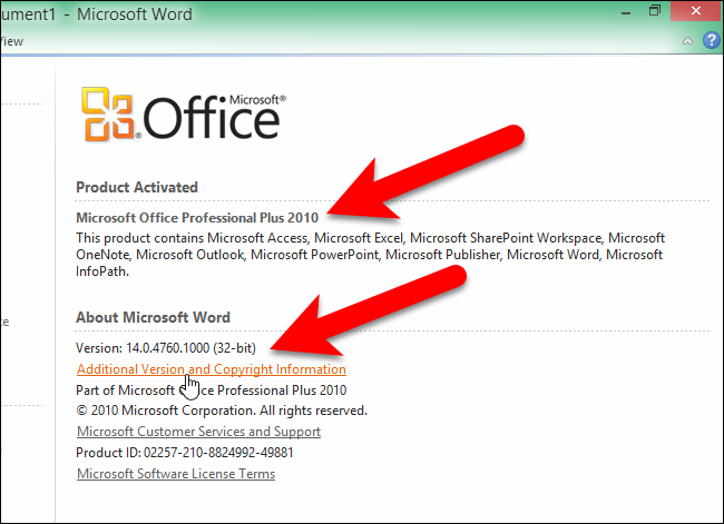 Сведения о версии Office 2010 с указанием номера сборки и разрядности