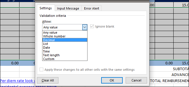 Выбор 'Десятичное число' в параметрах проверки данных