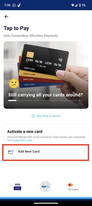Opción para añadir tarjeta en Paytm