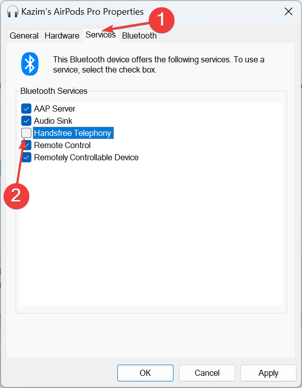 Снятие галочки Handsfree Telephony в свойствах устройства