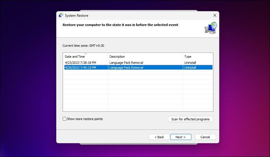 Сканирование программ, которые будут затронуты при восстановлении