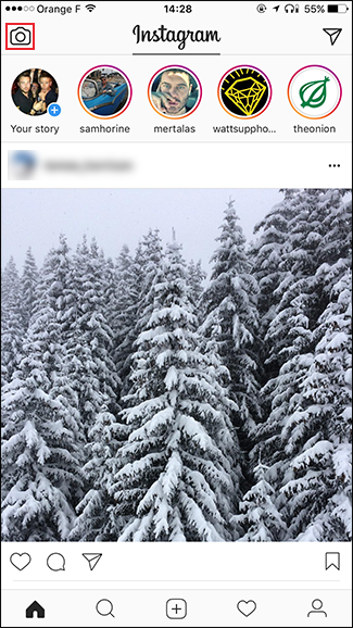 Главная страница с иконкой камеры для исчезающих сообщений