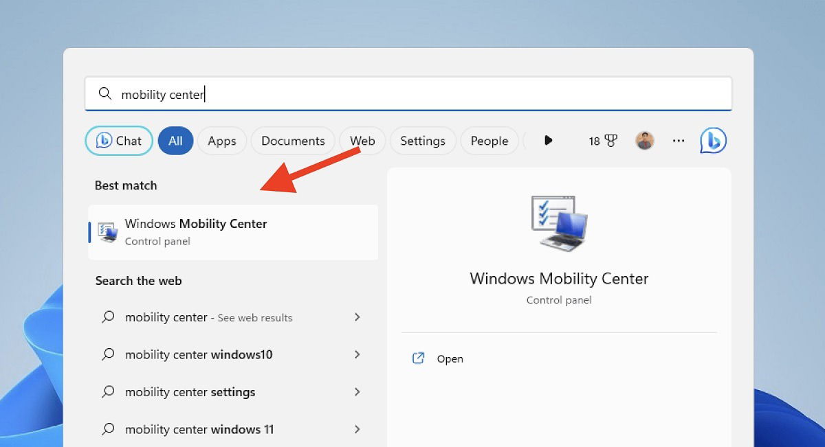 Поиск Mobility Center через меню Пуск Windows
