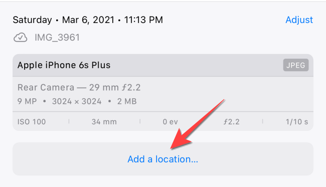 Нажмите «Добавить местоположение», если хотите вернуть метаданные