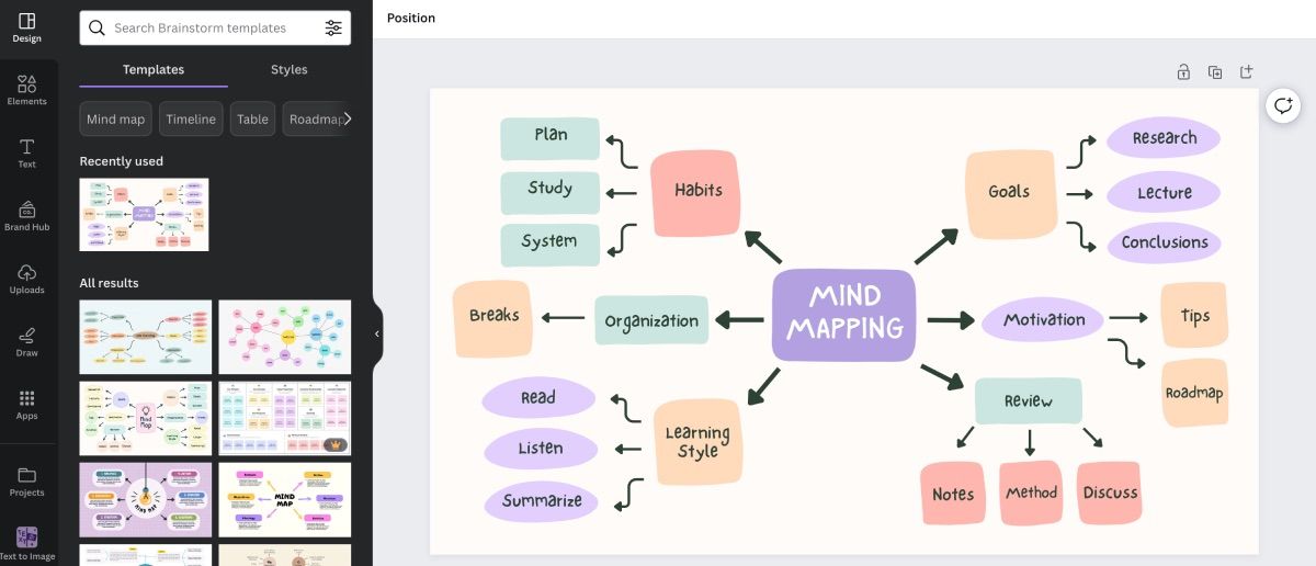 Canva Mind map design page open
