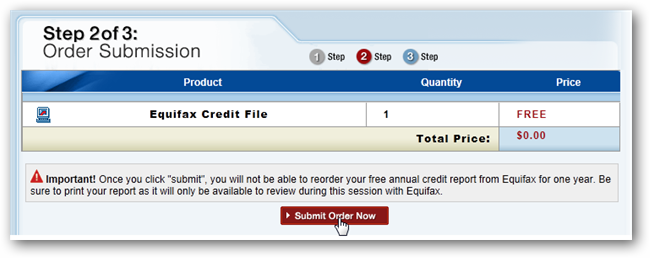 Кнопка подтверждения заказа бесплатного отчёта на Equifax