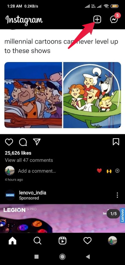 Главная страница Instagram с кнопкой добавления