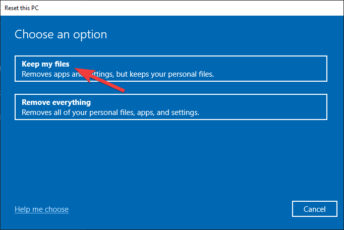 Выбор варианта сохранения файлов при сбросе Windows