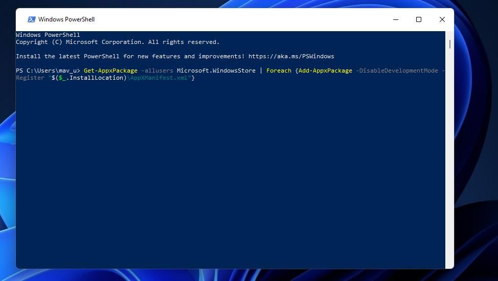 Команда для переустановки Microsoft Store