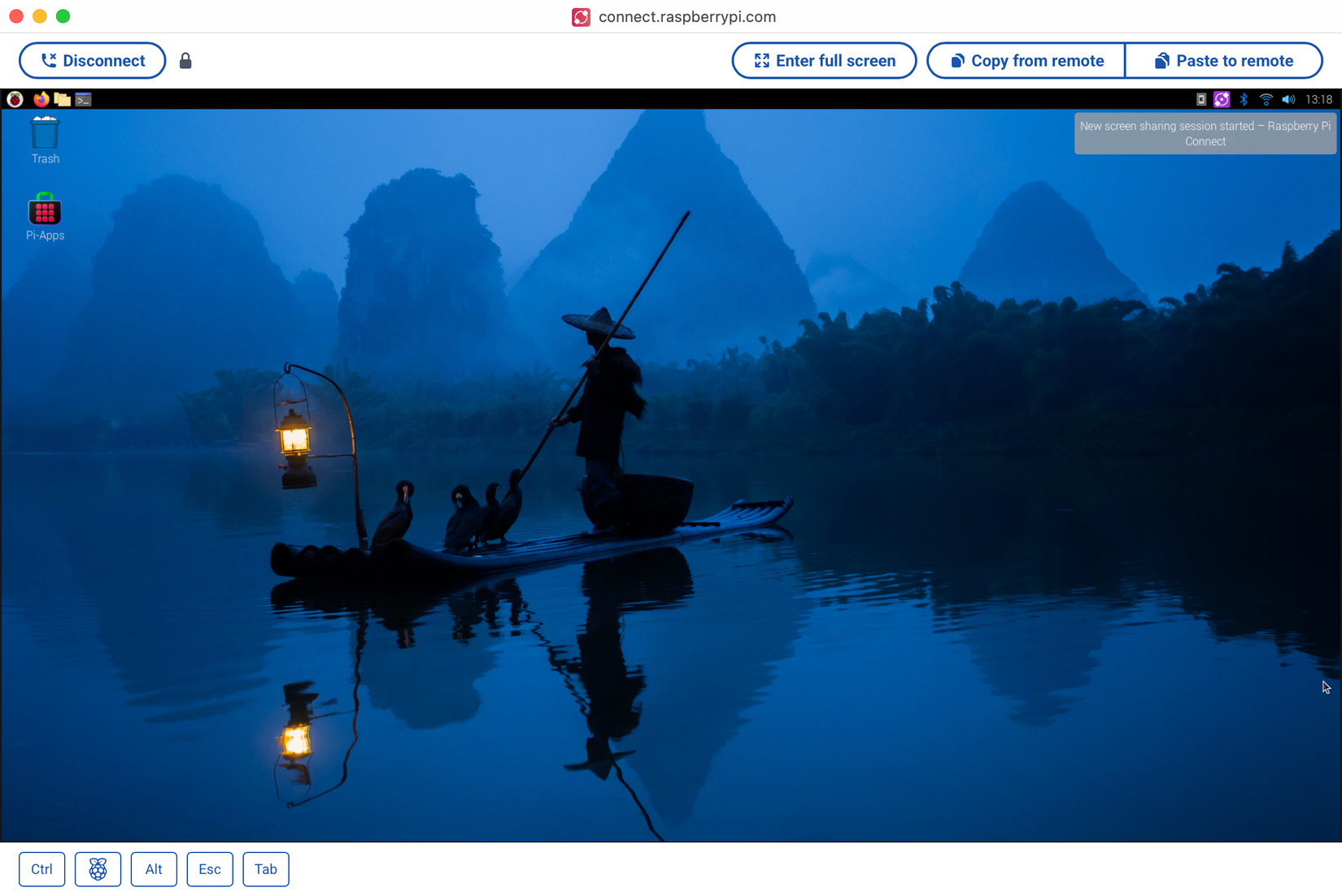 Connected to a Raspberry Pi via Raspberry Pi Connect.