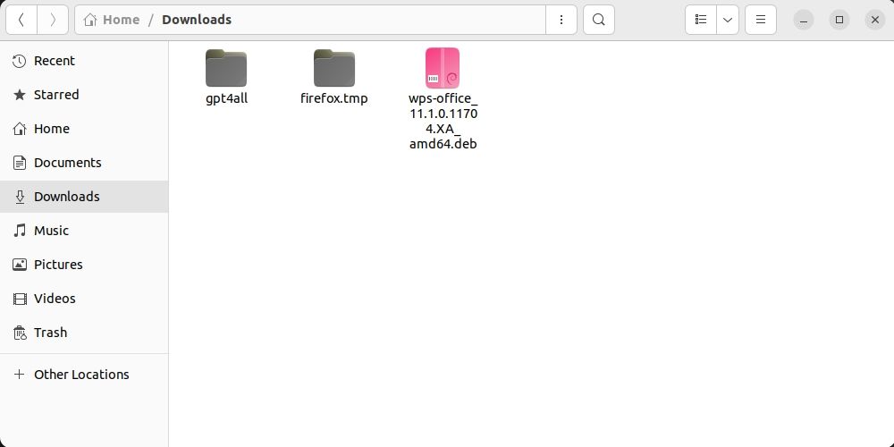 Проверка загруженного deb-файла WPS в папке Загрузки