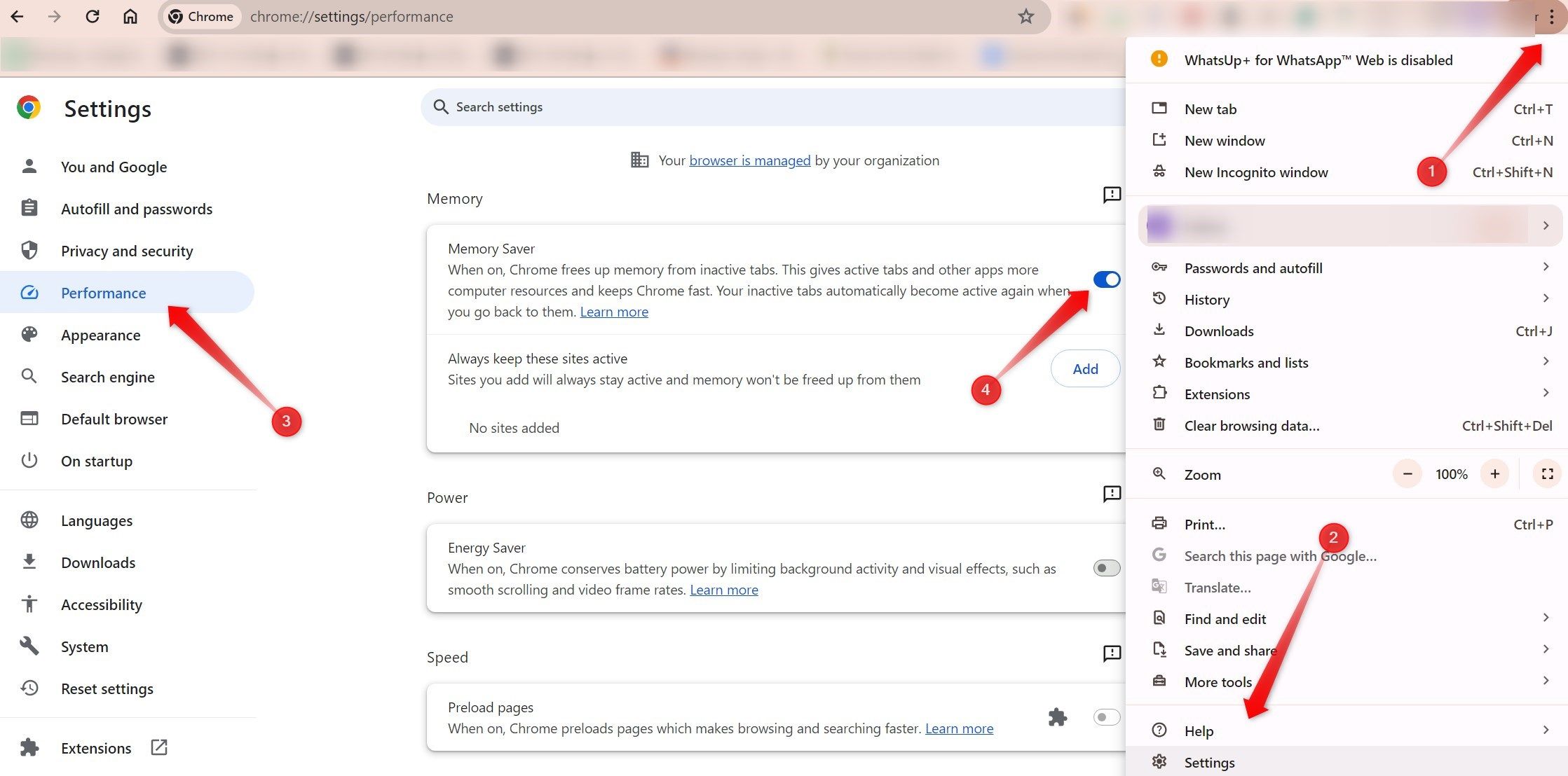 Включение режима Memory Saver в настройках Chrome.