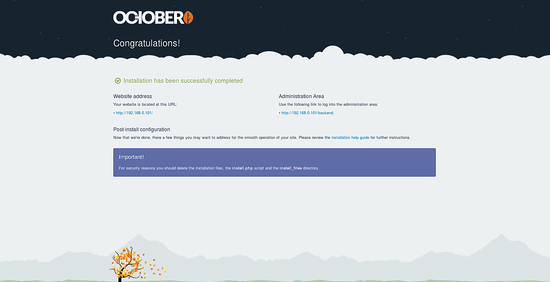 OctoberCMS успешно установлен — итоговый экран
