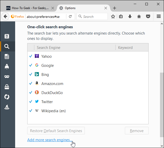 Добавление поисковых систем из галереи Mozilla