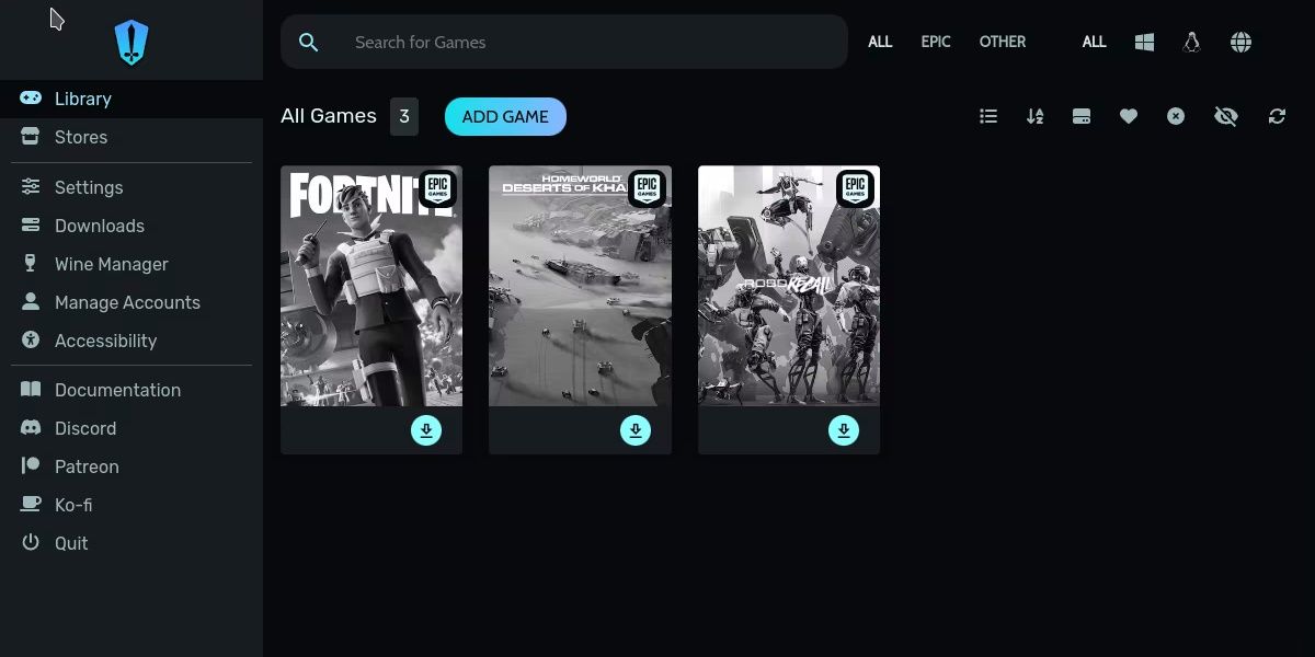 Библиотека Epic в Heroic Games Launcher